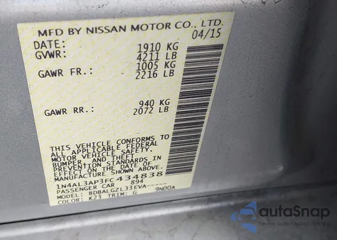 2015 Nissan Altima 2.5/2.5 S/2.5 Sl/2.5 Sv from USA, damaged, VIN 1N4AL3AP3FC434838